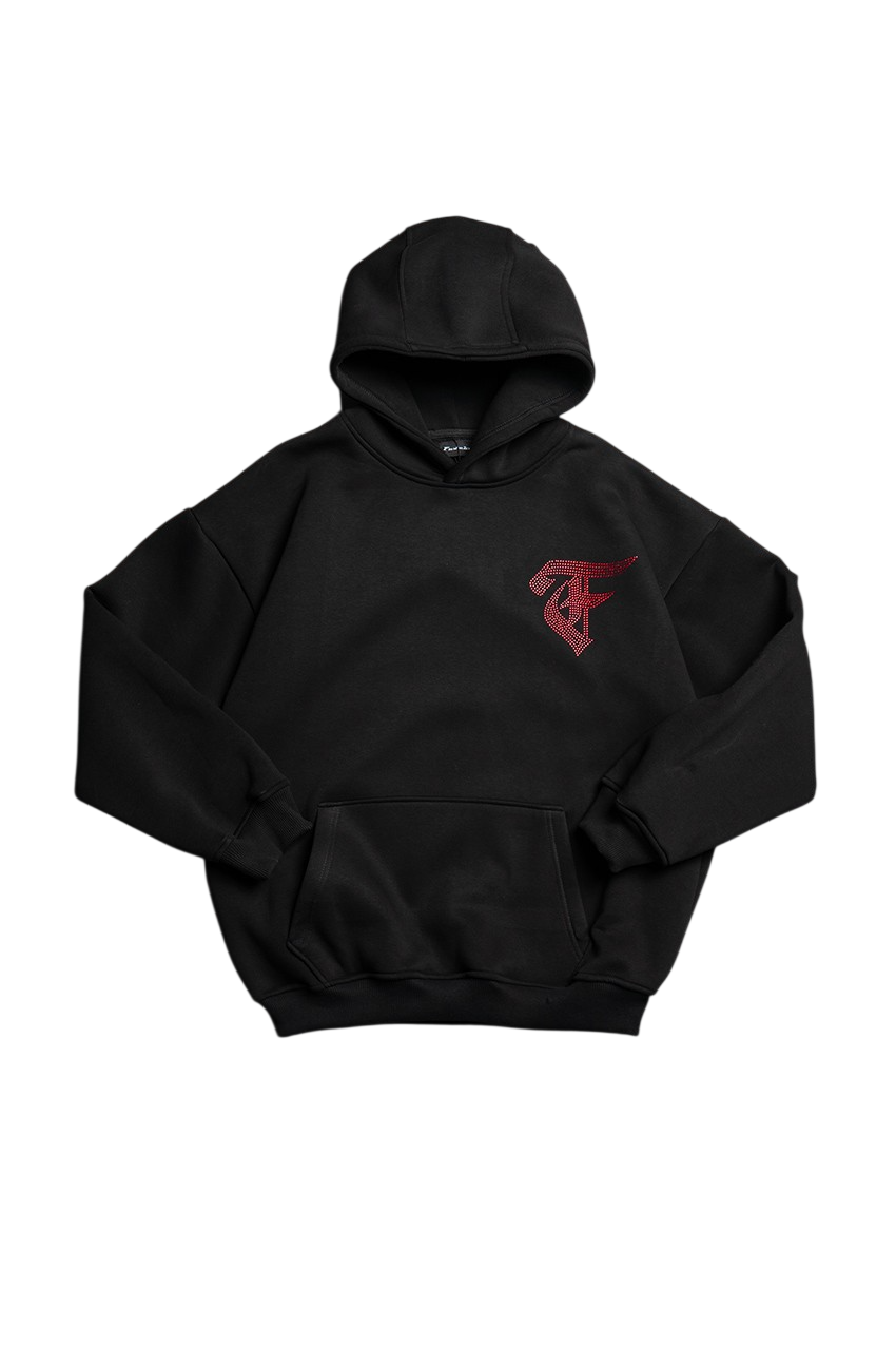 Rhinestones Kırmızı Taşlı Web Siyah Erkek Oversize Hoodie